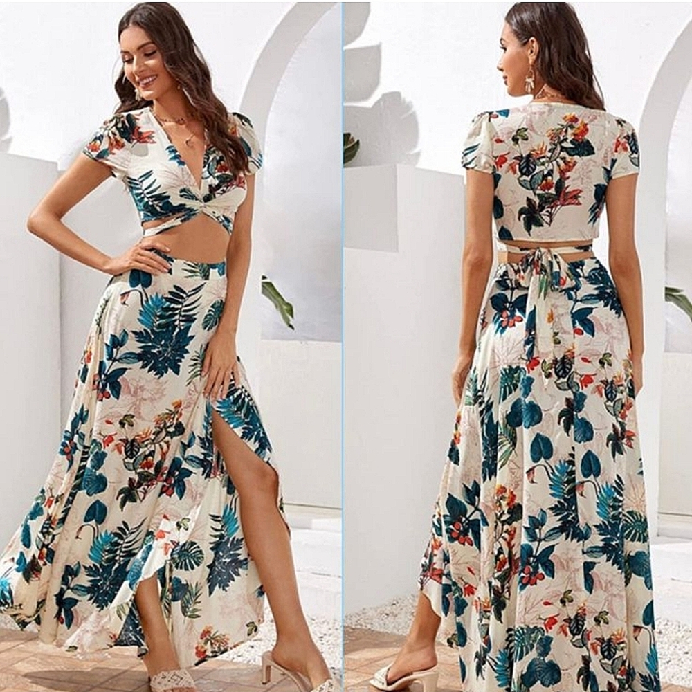 Heart & Heels Cream and Green Tie Front Maxi Dress